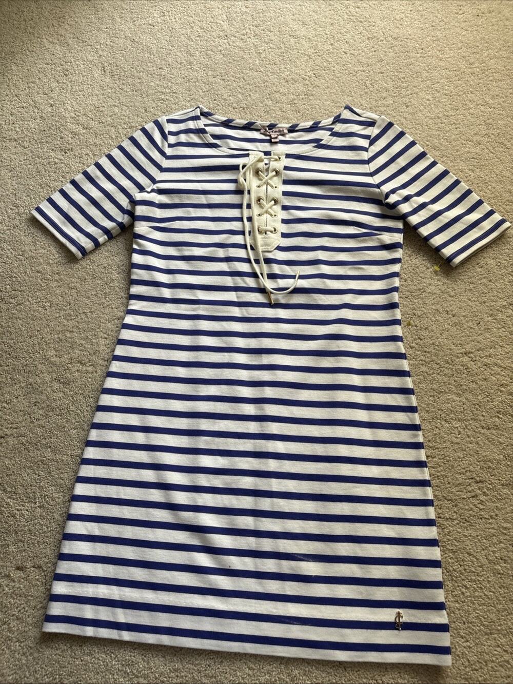 Juicy Couture Women Shirt Dress S Blue White Stripe Round Neck Lace Up Knit Cozy